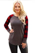 Sexy Red Black Plaid Sleeve Taupe Top